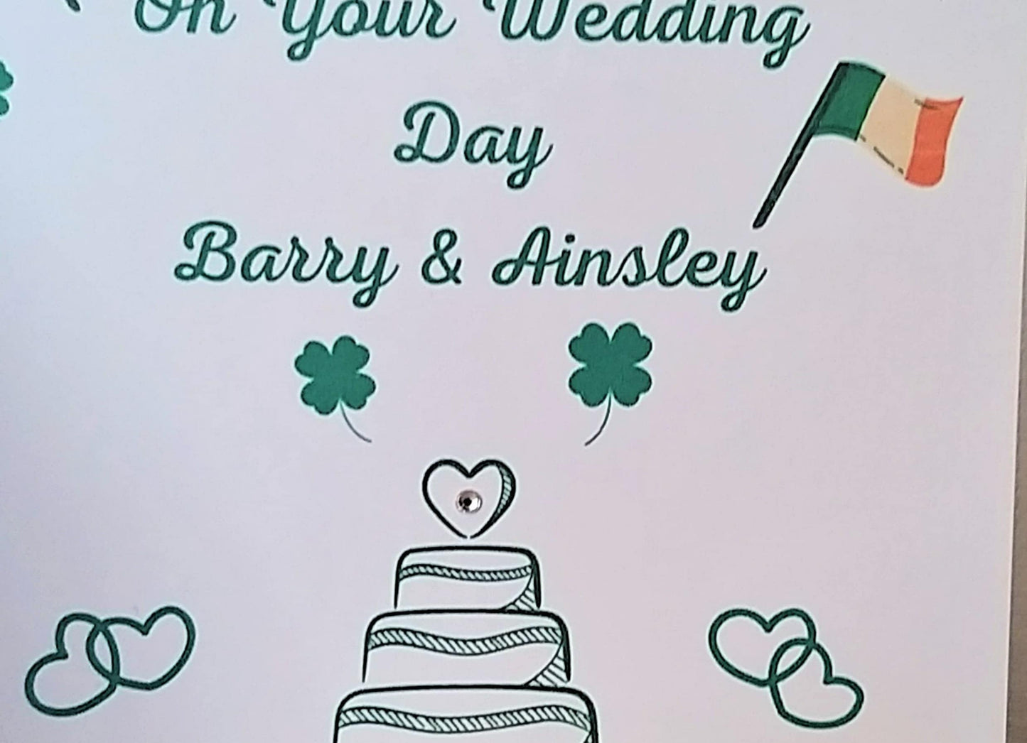 St Patrick's Day Wedding Card 'Congratulations On Your Wedding Day Name' With Contemporary Personalised Cake Design