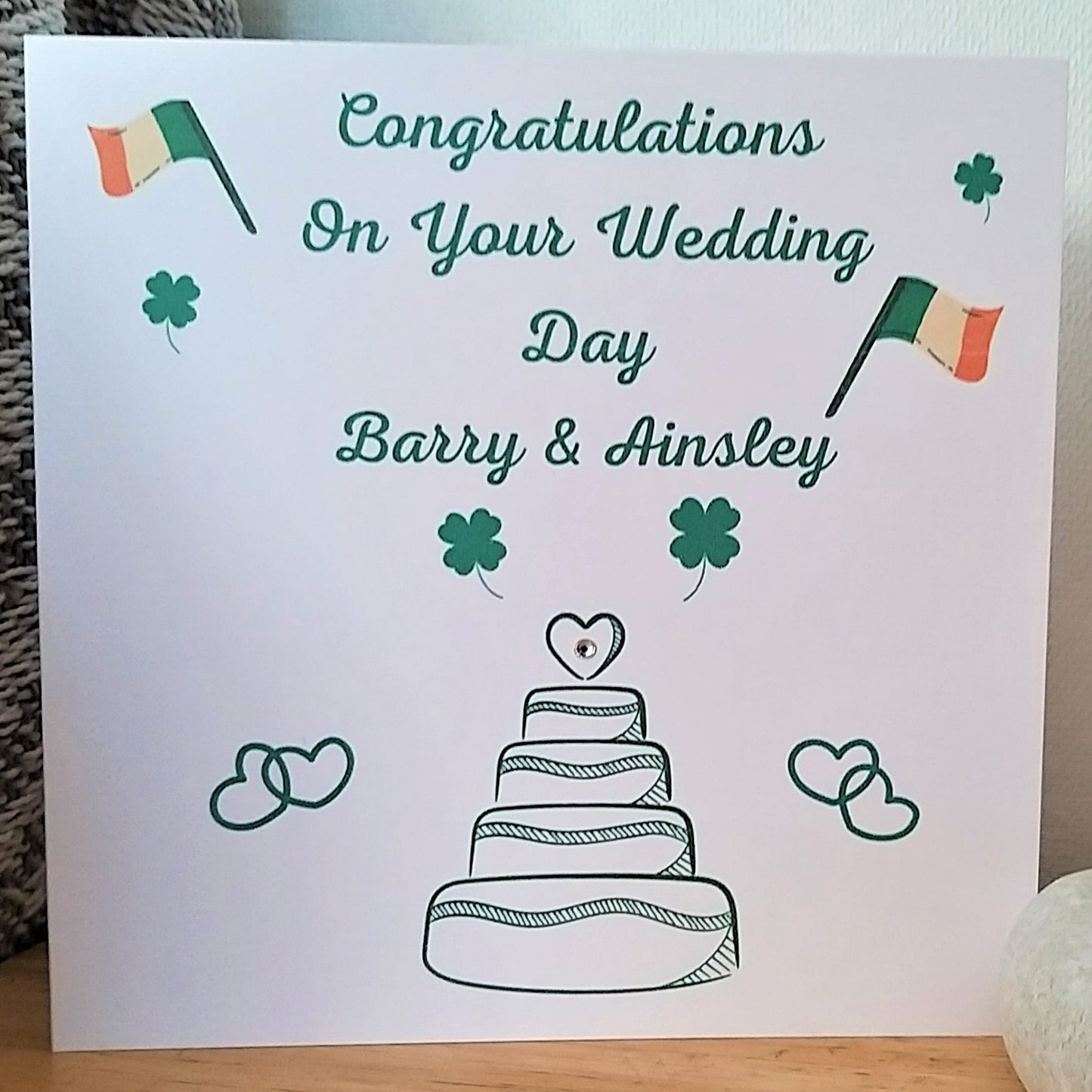 St Patrick's Day Wedding Card 'Congratulations On Your Wedding Day Name' With Contemporary Personalised Cake Design