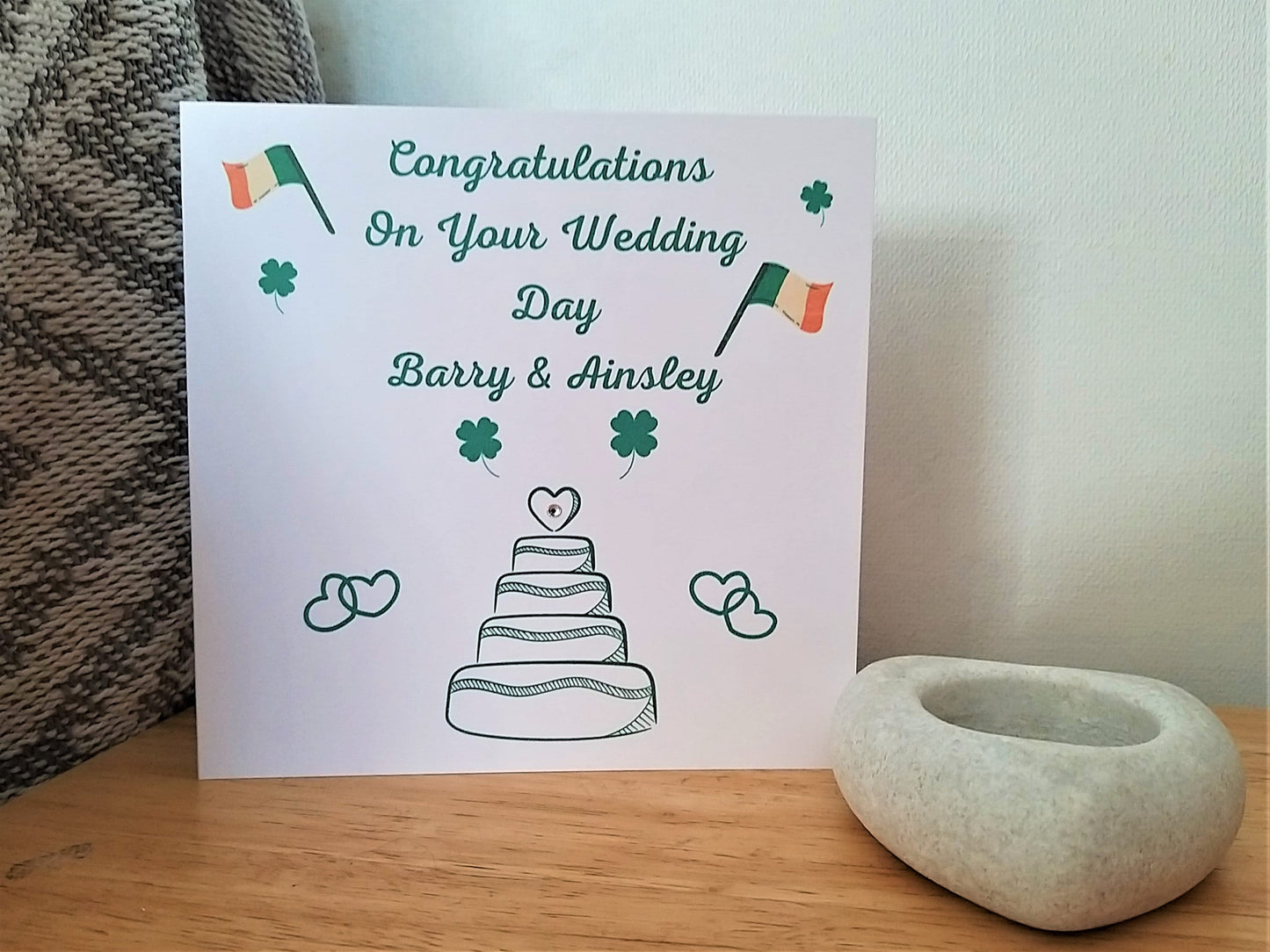 St Patrick's Day Wedding Card 'Congratulations On Your Wedding Day Name' With Contemporary Personalised Cake Design