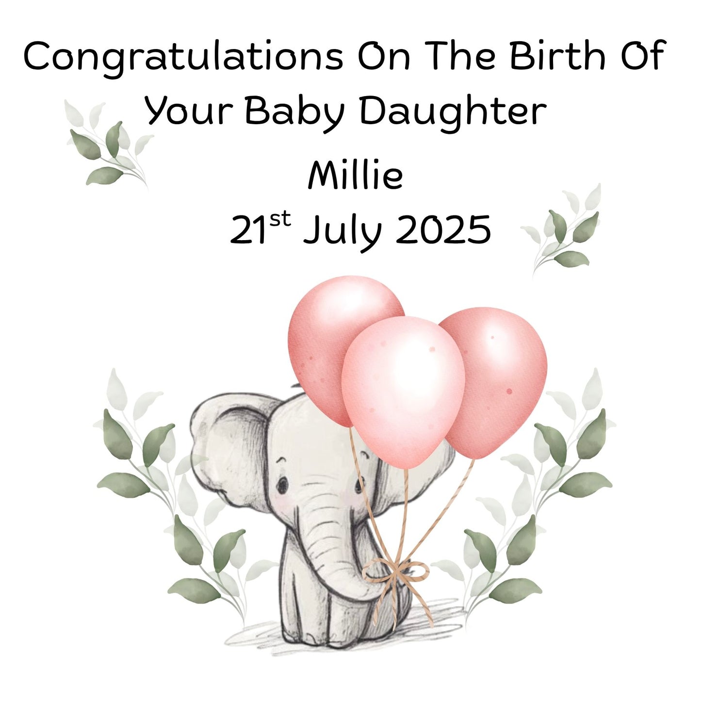 Personalised New Baby Daughter Card On The Birth of Your Baby Daughter Cute Elephant Design