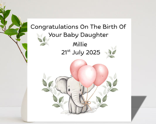 Personalised New Baby Daughter Card On The Birth of Your Baby Daughter Cute Elephant Design