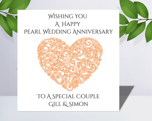 Personalised Pearl Wedding Anniversary Card Customised With Name And Title