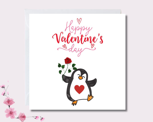 Penguin Valentines Day Card  Happy Valentines Day  Valentine's Day Card Cute Penguin Design 14 cm x 14 cm Can Be Personalised