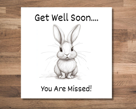 Get Well Card With Rabbit Sketch Design    Get Well Soon Card    Recovery Card    Surgery Recovery Card   14 cm x 14 cm