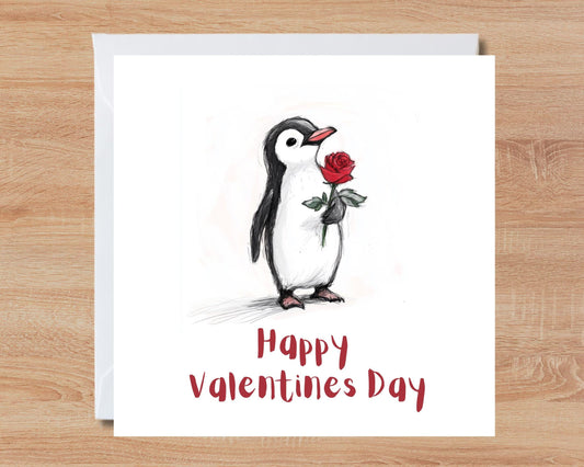 Valentine's Day Card   Happy Valentines Day   Cute Penguin and Rose  Valentine Design General Valentines Day Card  14 cm x 14 cm
